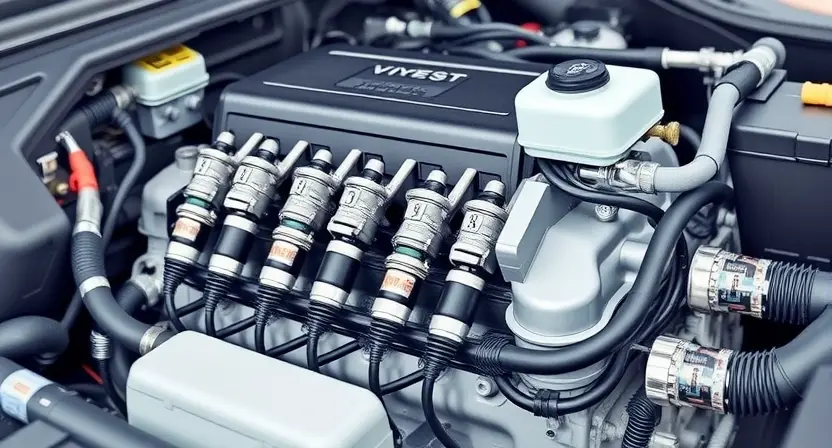 A detailed illustration of an automotive engine bay, focusing on fuel injectors, wiring harnesses, and connectors. The injectors should be clearly visible, along with the associated wiring and connectors. The engine should be in a neutral state, not running. The background should be a slightly blurred engine bay environment.