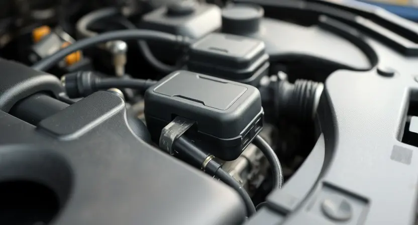 A close-up shot of a car's engine bay, focusing on the engine control unit (ECU) and related sensors. The engine should appear clean and well-maintained. Subtle visual cues indicating a potential sensor malfunction (e.g., a slightly disconnected wire, a sensor with a minor discoloration) can be included without being overly obvious. The background should be slightly blurred, suggesting a professional automotive repair setting.