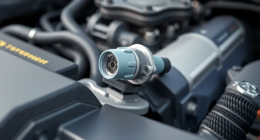 A close-up, detailed illustration of a car engine bay, focusing on the oxygen sensor (Bank 2 Sensor 1). The sensor should be clearly visible, with surrounding engine components subtly in focus. The overall lighting should be bright and clean, highlighting the sensor's details.