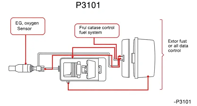 A detailed diagram illustrating the P3101 error in a vehicle's engine control system. The diagram should show the relevant components (e.g., oxygen sensor, ECU, fuel system) and the flow of data leading to the error. Use clear visual cues to highlight the faulty component and the error code. Focus on technical accuracy and clarity.