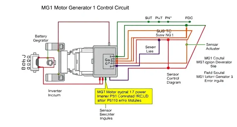 A detailed schematic diagram of a hybrid vehicle's power train, specifically highlighting the MG1 (Motor Generator 1) control circuit. The diagram should clearly show the connections between the battery, MG1, inverter, and other relevant components. Use color-coding to differentiate between electrical signals and power lines. Focus on the circuit elements related to the P3110 error code, such as sensors, actuators, and control modules. The overall image should be clean, professional, and easy to