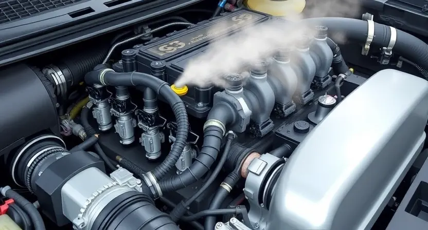 A detailed illustration of a car engine's fuel system, specifically highlighting the fuel injectors and intake manifold. The image should visually represent a lean fuel mixture issue, perhaps with subtle visual cues like a slightly hazy or incomplete combustion effect within the engine bay. Focus on the internal components and their relationship to fuel delivery.