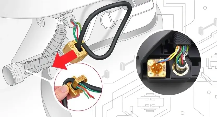 A detailed illustration of a car's keyless entry system components, focusing on wiring harnesses and electrical connectors showing signs of wear, corrosion, or loose connections, with magnified views of frayed wires and oxidized terminals, set against a clean technical background with subtle circuit diagram overlays, no text or labels visible