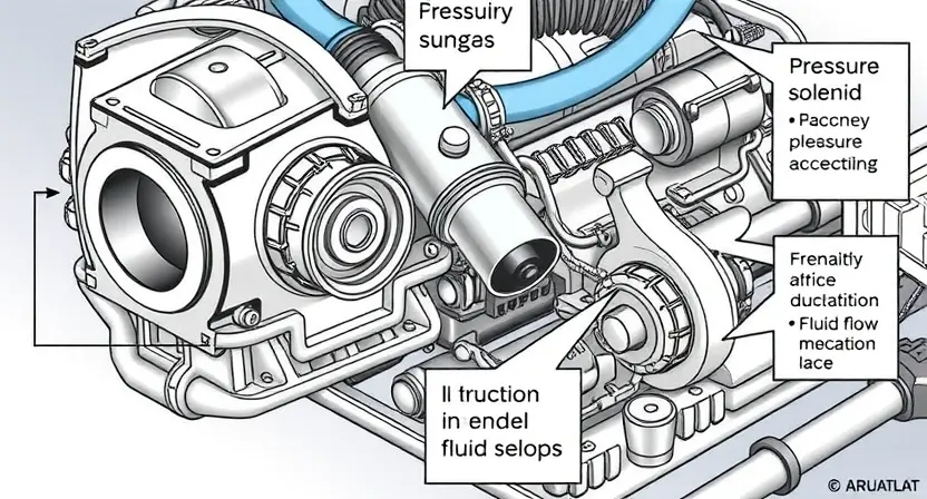 A detailed illustration of a Ford transmission with a close-up on the pressure solenoid. The solenoid should be clearly visible, with labels indicating its function within the transmission system. Include diagrams showing the fluid flow and connections to other components. The background should be a clean, technical environment.