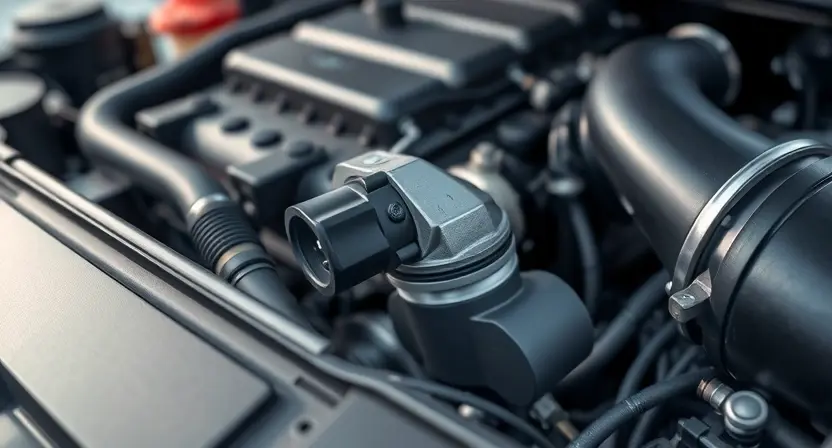 A close-up, detailed illustration of a car engine bay, highlighting the mass airflow sensor (MAF sensor). The sensor should be clearly visible, with surrounding engine components subtly in focus. Focus on the sensor's physical appearance and its connection to the intake manifold. The overall lighting should be bright and clean, emphasizing the mechanical details.