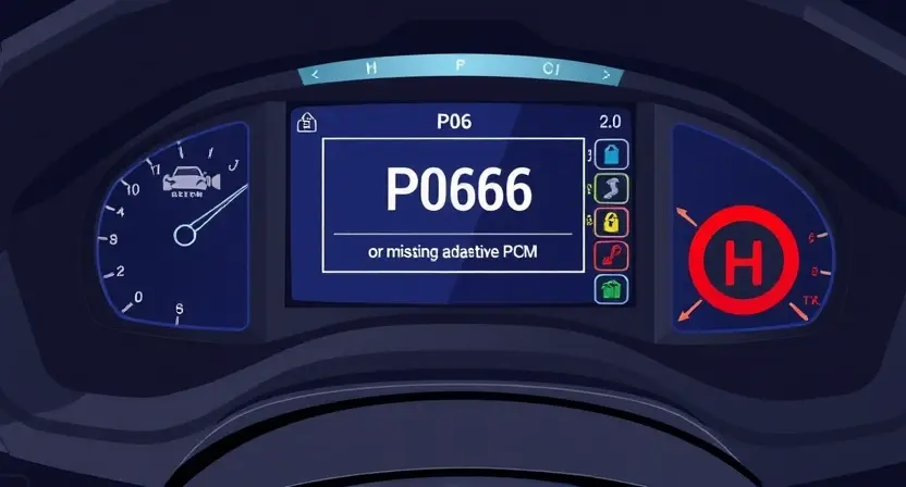 A detailed illustration of a car's diagnostic interface displaying a P0606 error code. The interface should show the code prominently, along with a brief description of the symptom (e.g., 'Faulty or missing adaptive PCM'). Include visual cues representing potential causes like a malfunctioning sensor or a problem with the powertrain control module. The background should be a clean, professional automotive workshop setting.