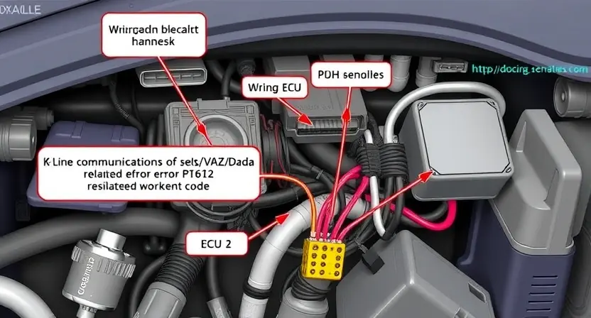 A detailed illustration of a car's wiring harness, specifically focusing on the K-Line communication system within a VAZ/Lada vehicle. Highlight the wiring and connectors related to the P1612 error code. The image should clearly show the components involved in the communication network, such as the ECU and related sensors. Focus on technical accuracy and clarity.