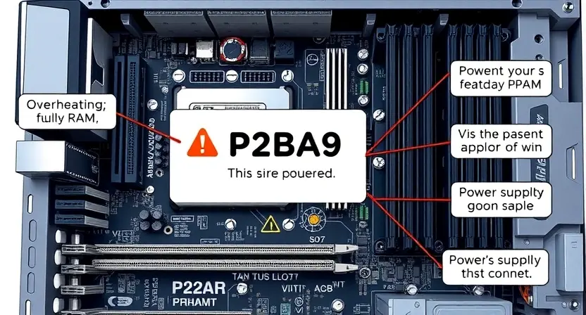 A detailed illustration depicting a computer motherboard with various components, highlighting the P2BA9 error code. Include visual cues representing potential causes of the error (e.g., overheating, faulty RAM, power supply issue). Focus on technical accuracy and clarity.
