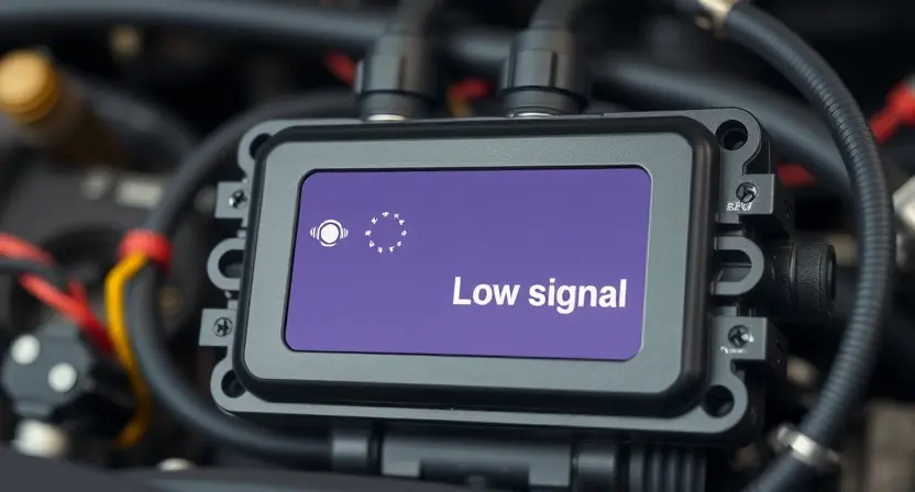 A close-up illustration of a car's engine control unit (ECU) with a signal strength indicator showing a low signal. Wires and sensors connected to the ECU are visible. The background is a blurred automotive workshop environment. Focus on the visual representation of a weak signal – perhaps a faint, flickering light or a dimmed indicator on the ECU's display.
