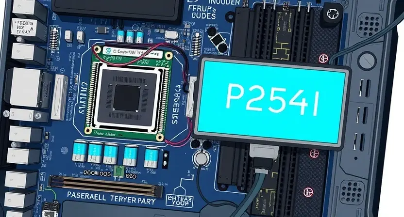 A detailed illustration depicting a computer motherboard with a highlighted P2541 error message. The motherboard should show various components like CPU, RAM, and capacitors. The error message should be clearly visible on a screen connected to the motherboard. The overall scene should be clean and professional, suitable for a technical guide.