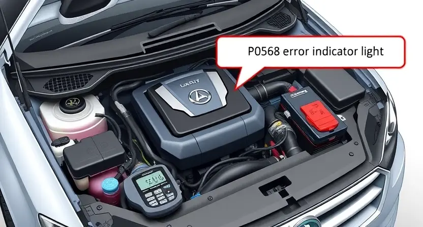A detailed illustration of a car's engine bay, highlighting the P0568 error code indicator light. Focus on the diagnostic tools and wiring related to the issue.