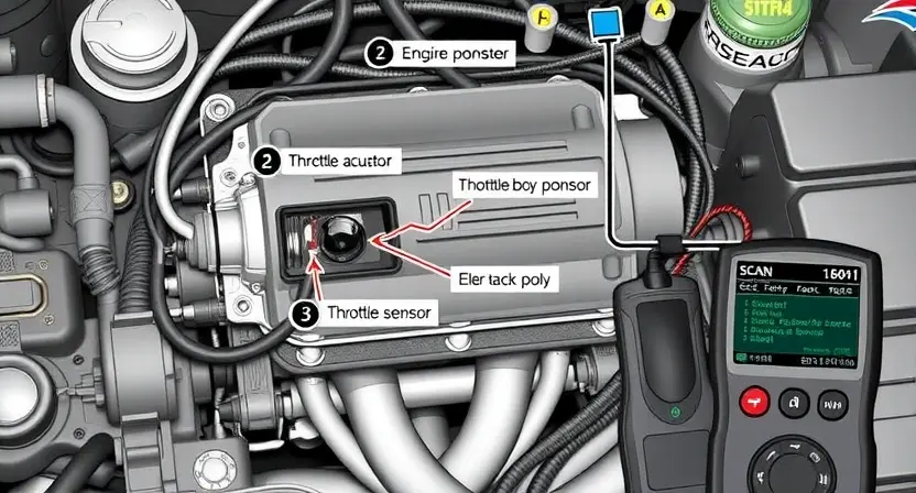 A detailed illustration of an engine control unit (ECU) with various sensors and wiring, highlighting the throttle body control system. Focus on the components related to the throttle position sensor, throttle actuator, and associated wiring. Include diagnostic tools like a scan tool connected to the ECU, displaying error codes.