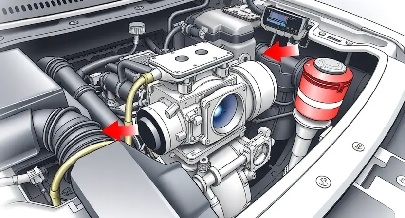 A detailed illustration of a car engine bay, focusing on the throttle body and related components. The throttle body should be clearly visible, with hoses and sensors connected. The overall scene should depict a technical environment, possibly with diagnostic tools in the background. The image should convey a sense of mechanical complexity and precision.