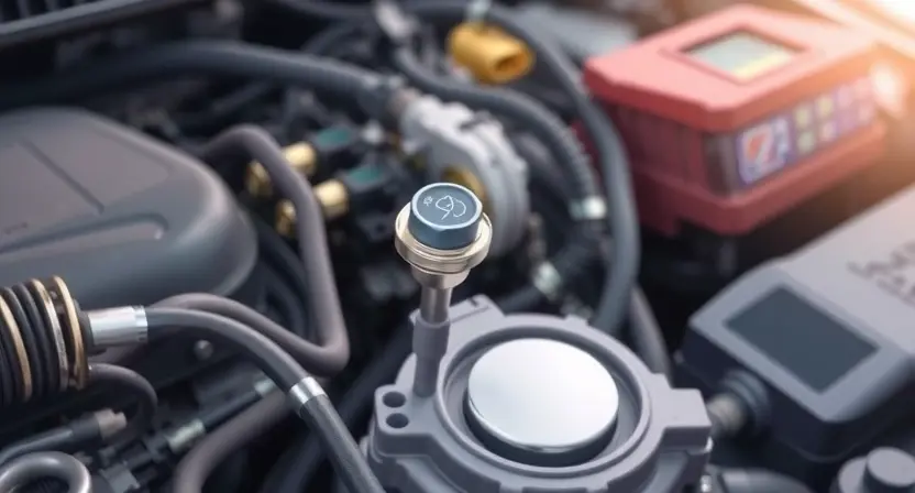 A detailed illustration of an automotive engine bay, focusing on the temperature sensor and its wiring. The sensor should be clearly visible, along with the associated wiring harness and diagnostic tools. The background should be slightly blurred to emphasize the sensor.