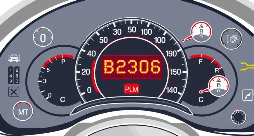 A high-quality technical illustration showing a car dashboard with an illuminated error code B2306, surrounded by diagnostic tools and warning symbols, clean lines, technical accuracy, no text or numbers on the image