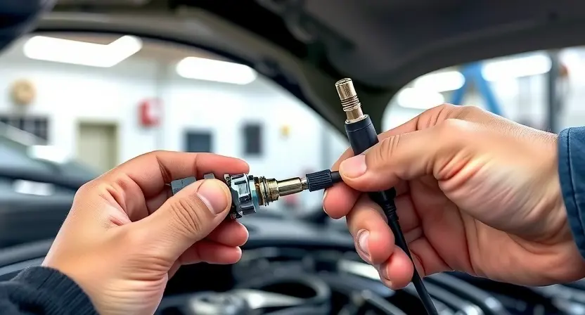 A close-up, detailed illustration of an oxygen sensor being inspected. The sensor should be clearly visible, showing its components and connections. A mechanic's hand is gently holding a diagnostic tool near the sensor. The background should be a clean, well-lit automotive repair shop environment, slightly blurred to focus attention on the sensor and hand. Focus on the sensor's physical characteristics and the diagnostic process.