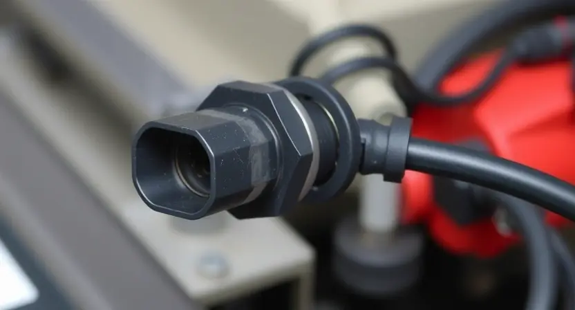 A close-up, detailed image of an automotive oxygen sensor and its wiring harness. The focus should be on the wiring connections, highlighting potential damage like frayed wires or loose connections. The background should be blurred to emphasize the sensor and wiring. The image should convey a sense of technical inspection and potential repair.