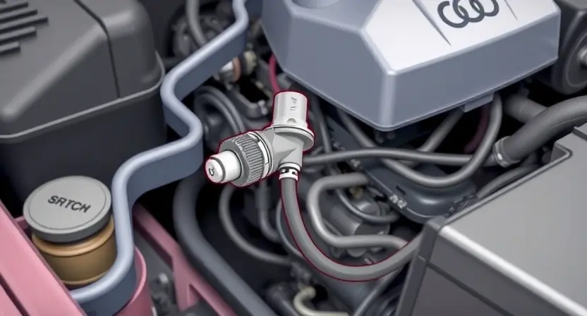 A detailed illustration of a car's engine bay, focusing on the transmission fluid level sensor and its associated wiring. The sensor should be clearly visible, along with the surrounding components. The background should be slightly blurred to emphasize the sensor.