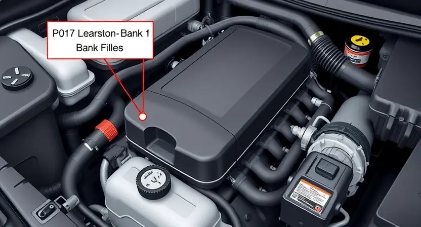 A detailed illustration of an automotive engine bay with a focus on the fuel rail and related components. A visual representation of the P0197 error code (Lean Condition - Bank 1) is subtly indicated, perhaps with a small, stylized icon or a color-coded indicator light. The engine should be depicted in a realistic, high-quality manner.