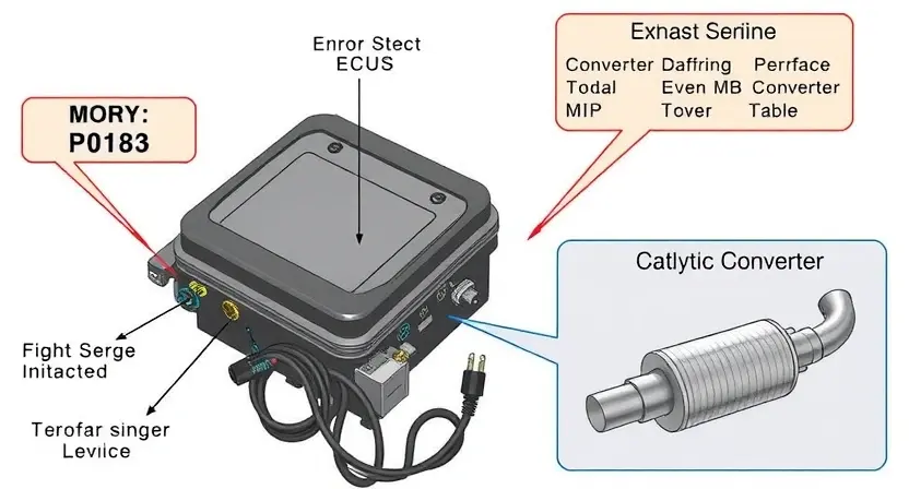 A detailed illustration of an engine control unit (ECU) with various sensors and wiring. Highlight the P0183 error code indicator. Show a visual representation of the catalytic converter and its role in the exhaust system.