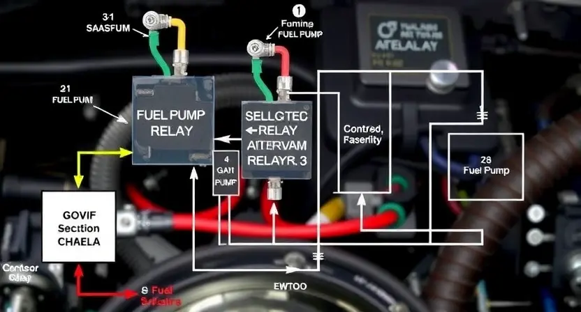 A detailed schematic diagram of a fuel pump relay control circuit in a vehicle. The diagram should clearly show the relay, wiring connections, and associated components like the fuel pump, sensors, and control unit. Use clear labels and color-coding to differentiate the various parts of the circuit. Focus on the electrical connections and the flow of power.