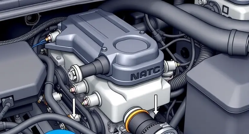 A close-up, detailed illustration of a car's engine bay, focusing on the Mass Air Flow (MAF) sensor and its connection to the intake manifold. The sensor should be clearly visible, with surrounding hoses and wiring. The overall image should convey a sense of automotive mechanics and diagnostic inspection. The engine bay should be clean and well-lit, highlighting the sensor's importance.