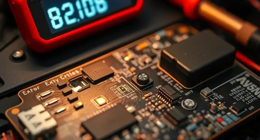 A close-up of a car's keyless entry antenna circuit board with visible damage, such as a broken trace or corroded connector, illuminated under soft diagnostic lighting, with subtle error code 'B2108' faintly visible on a nearby digital multimeter screen in the background, no text or symbols on the circuit board itself, realistic technical photography style
