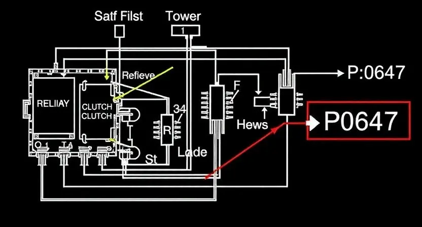 A detailed diagram illustrating a relay clutch circuit with a high signal level. The diagram should show the components (relay, clutch, wiring, etc.) and highlight the P0647 error code indication. Focus on technical accuracy and clarity.