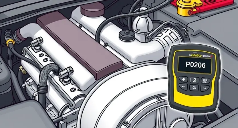 A detailed illustration of an automotive engine bay with a diagnostic tool connected to the engine's computer. The engine should be partially visible, showcasing key components like the intake manifold and sensors. A digital display on the diagnostic tool should show the error code P0206. Focus on clarity and technical accuracy.