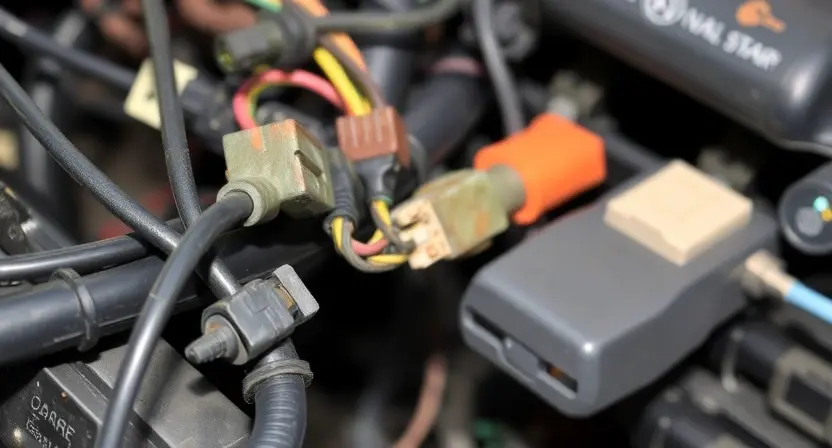 A close-up, detailed image of a car's electrical system, specifically focusing on wiring harnesses and connectors. The wiring should appear complex and interconnected, highlighting potential points of failure. Focus on the intricate network of wires and the condition of the connectors – some slightly corroded or loose. The background should be blurred, emphasizing the electrical components.