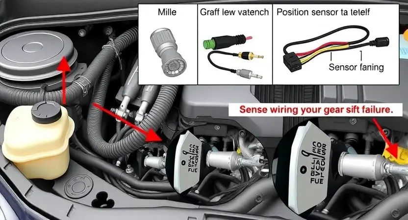 A detailed illustration of a car's engine bay, focusing on the sensor wiring and the position sensor for the gear shift lever. Highlight the potential points of failure in the wiring harness and the sensor itself. Use technical diagrams and close-up shots to show the components.