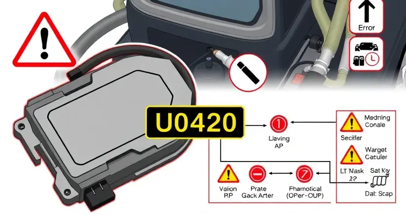 A high-quality technical illustration showing a car engine control module with a highlighted error code U0420, surrounded by warning symbols and schematic diagrams of data flow, clean white background, professional technical documentation style