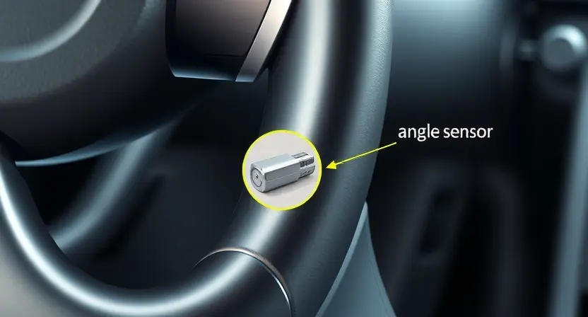 A close-up, detailed illustration of a car's steering column with a highlighted angle sensor. The sensor should be clearly visible, and the wiring connecting it to the car's system should be subtly depicted. Focus on the sensor's physical appearance and its connection point within the steering column. The background should be blurred, suggesting the interior of a car.
