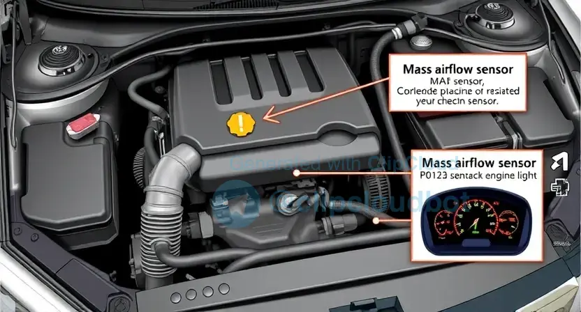 A detailed illustration of a car's engine bay, specifically highlighting the mass airflow sensor (MAF sensor). The sensor should be clearly visible, with arrows pointing to its location and a diagram showing the P0123 error code related to the MAF sensor. Include visual cues representing the symptoms of a P0123 error, such as a check engine light illuminated on the dashboard.