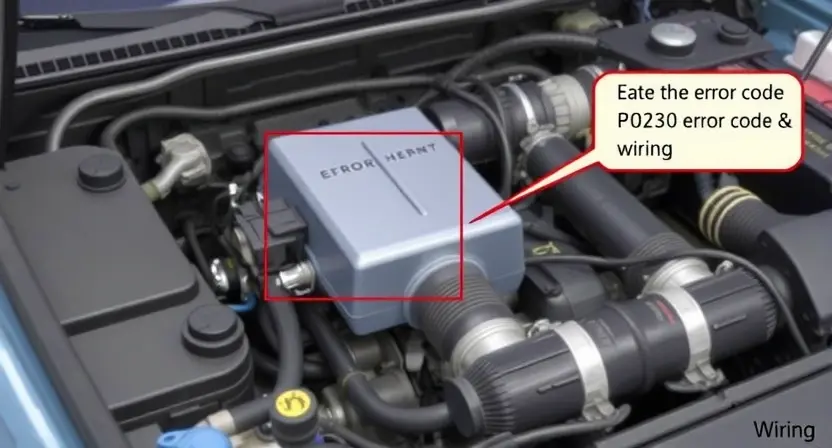 A detailed illustration of a car's engine bay, focusing on the location of the P0230 error code sensor and wiring. The image should clearly show the sensor, its connection to the engine control unit (ECU), and the surrounding wiring harness. Include visual cues indicating potential wiring issues, such as frayed or loose connections. The background should be a slightly blurred engine bay environment.