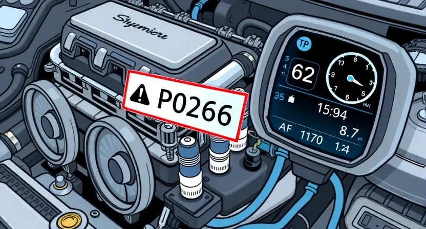 A detailed illustration of an automotive engine with a highlighted P0266 error code displayed on a digital dashboard. The engine should be realistically rendered, showcasing various components like pistons, valves, and spark plugs. The dashboard should be modern and clearly show the error code with accompanying diagnostic information.