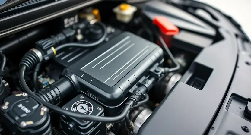 A close-up shot of a car's engine bay, focusing on the engine control unit (ECU) and related components. The image should depict a clean and organized engine compartment, highlighting the sensors and hoses connected to the ECU. The overall impression should be one of technical precision and automotive diagnostics. The lighting should be bright and even, showcasing the details of the engine components. The background should be slightly blurred to emphasize the engine bay.