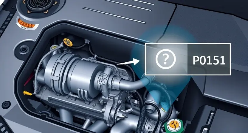 A high-quality technical illustration showing an automotive engine with a highlighted oxygen sensor and an illuminated check engine light, surrounded by diagnostic symbols and error code P0151, clean background, professional lighting, detailed mechanical parts, no text or numbers on image