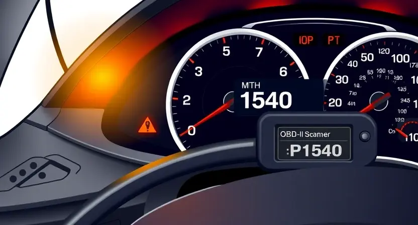 A high-quality technical illustration showing a car dashboard with an illuminated engine warning light and an OBD-II scanner displaying error code P1540, clean white background, professional lighting, detailed mechanical elements, no text or numbers on the image