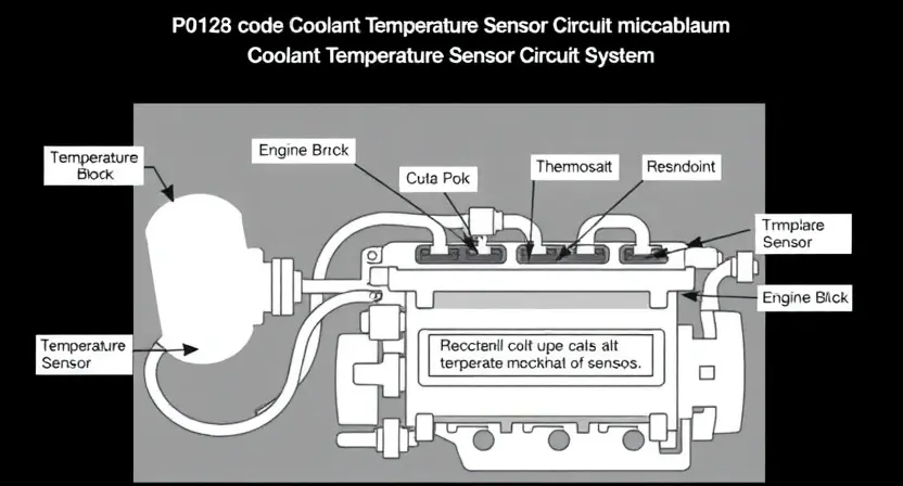 A detailed diagram of a car's cooling system, highlighting the components related to the P0128 error code (coolant temperature sensor circuit malfunction). Show the coolant reservoir, thermostat, temperature sensor, engine block, and hoses. Use clear labels for each part. The diagram should be clean and easy to understand, focusing on the system's layout and the sensor's position.