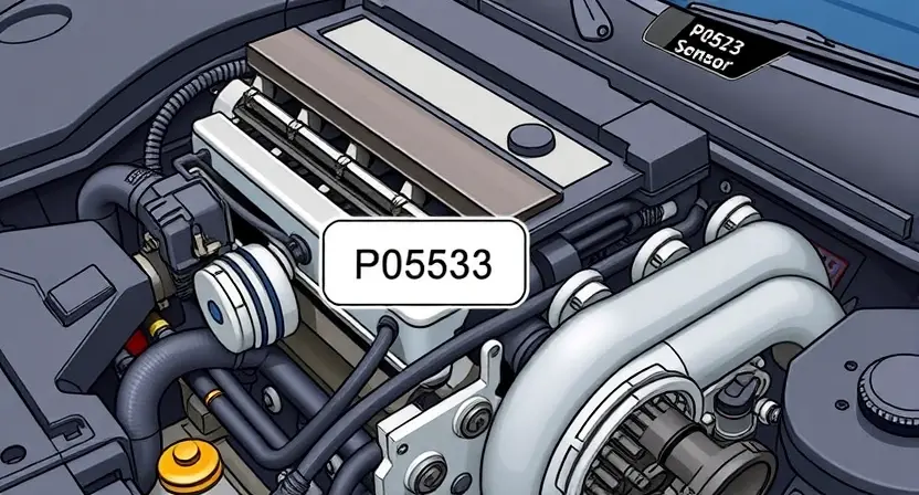 A detailed illustration of a car engine with a diagnostic code P0583 highlighted. The engine should be realistically rendered, showing various components like the crankshaft, camshaft, and intake manifold. The code P0583 should be clearly displayed on a digital display near the engine, with accompanying visual cues indicating a potential issue with the camshaft position sensor.