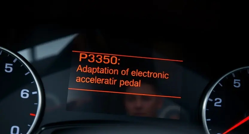 A close-up shot of a car's dashboard displaying a diagnostic error message, specifically 'P3350: Adaptation of electronic accelerator pedal'. The dashboard should be well-lit, showing the error message clearly. The car's interior should be slightly blurred in the background to focus on the dashboard.