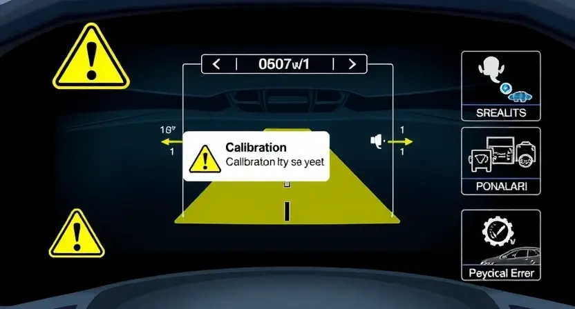 A high-quality technical illustration showing a car's front camera with a calibration error indicator, including visual cues like warning symbols, error codes, and technical diagrams, without any text or letters on the image