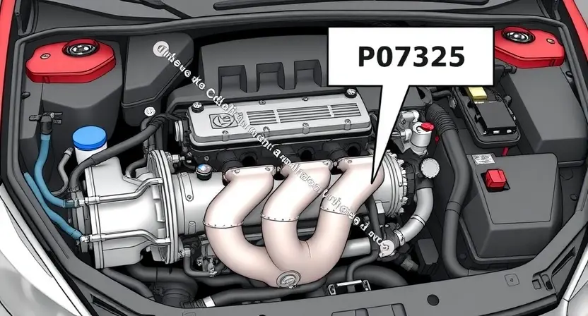 A detailed, high-quality illustration of a car's engine bay, specifically focusing on the exhaust manifold and related components. The image should clearly depict the P0725 error code's relevance to the exhaust system. Include visual cues suggesting a potential issue with the exhaust manifold or related sensors.