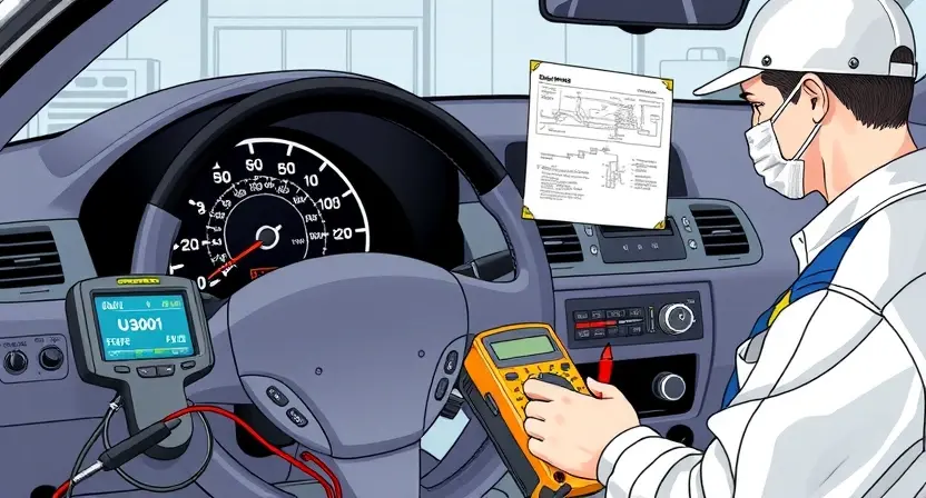 A detailed technical illustration showing a car's dashboard with a warning light indicating error U3001, surrounded by diagnostic tools like an OBD-II scanner, multimeter, and wiring diagrams, with a mechanic in workwear examining the system, all in a clean, professional automotive workshop setting