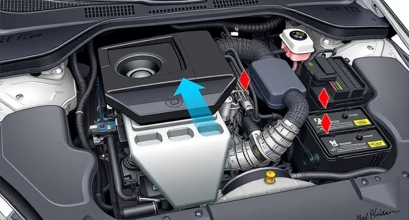 A detailed illustration of a car engine bay with a focus on the mass airflow sensor (MAF sensor). The MAF sensor should be clearly visible, with arrows pointing to its location and surrounding components. Include a visual representation of airflow entering the sensor. The overall scene should be clean and well-lit, emphasizing technical accuracy.
