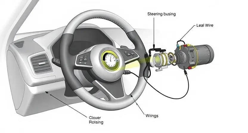 A detailed technical illustration of a steering wheel position sensor (SAS) within a car's steering system. The illustration should clearly show the sensor's physical components, wiring connections, and its relationship to the steering wheel and steering column. Focus on the sensor's internal workings and how it detects the steering wheel's angle. Include labels identifying key parts like the sensor housing, signal wires, and rotational mechanism. The background should be a clean, neutral color
