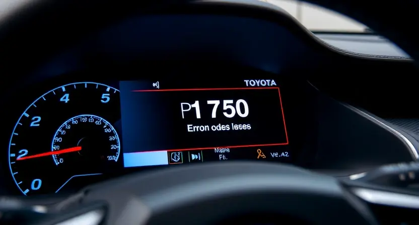 A close-up shot of a Toyota or Lexus vehicle's dashboard displaying a diagnostic screen with a prominent P1750 error code highlighted. The background should subtly show the car's interior, focusing on the instrument cluster and infotainment system. The overall lighting should be professional and informative, emphasizing the error message.