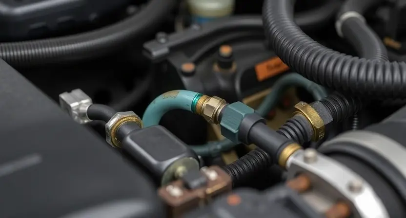 A close-up, detailed image of a car engine bay, focusing on the engine coolant temperature sensor. The sensor should be clearly visible, along with nearby hoses and wiring. The overall scene should convey a sense of automotive mechanics and diagnostics.