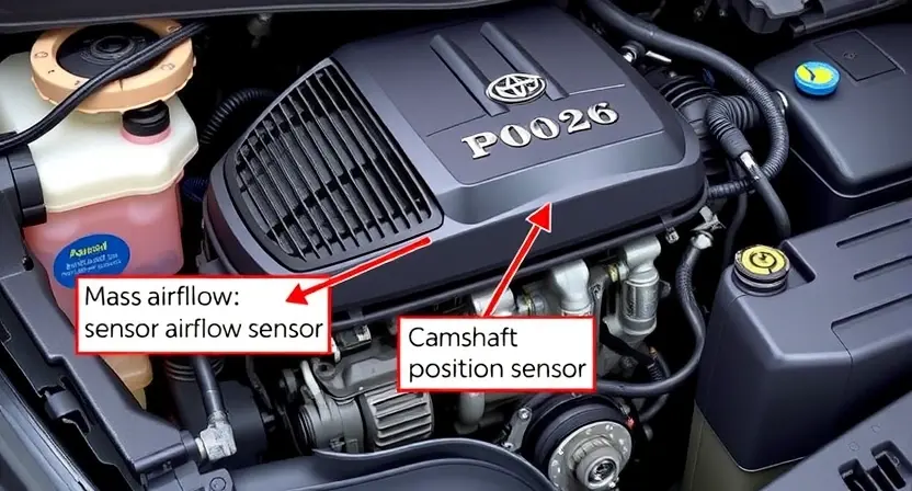 A detailed illustration of a car engine with the P0626 error code highlighted. Focus on the components related to the mass airflow sensor and camshaft position sensor. Include visual cues representing the error code's meaning, such as a warning symbol or a diagnostic light.